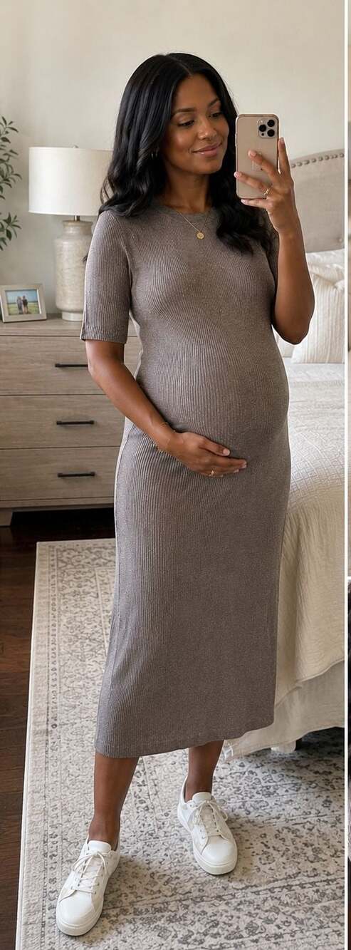 GAP Ribbed Midi Maternity Dress in Taupe